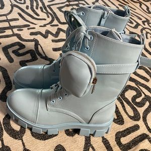 Baby Blue Chunky Sole Lace-up Pouch Combat Boots